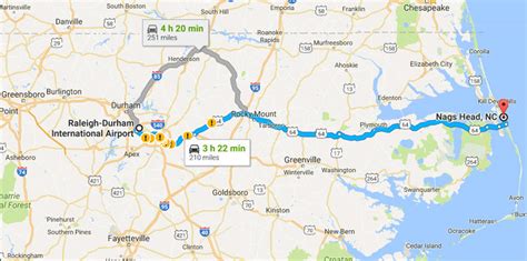 From Washington, take State Route 30 to Plymouth, NC and follow the directions above via US-64 East to Roanoke Island and the Outer Banks. From Norfolk Airport (ORF) take 64 East for approximately 8 miles to 291B Exit, the Nag Head exit, which will put you onto Route 168 South. Go south on VA-168 to the NC border.