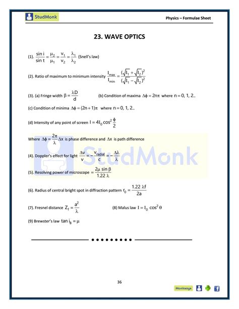Neat Wave Optics Formula Pdf Trigonometry Formulas For Class 12