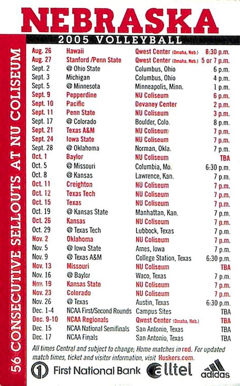 Nebraska volleyball tv schedule. 2024 Volleyball Schedule. View. Overall 1-0. PCT 1.000. Conf. 0-0. PCT .000. Streak W1. Home 0-0. Away 0-0. 
