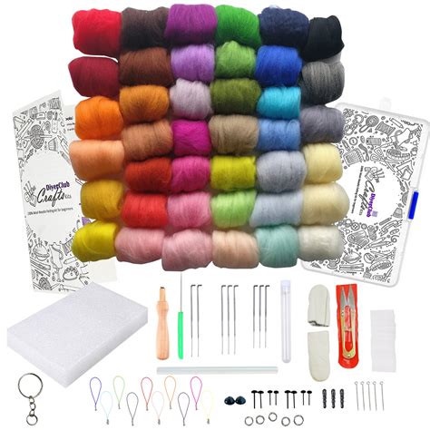 Needle felting supplies. 🐏 Complete wool felting kit: White needle felting wool Core (30 grams), 16 dyed colored wool for options (10 grams each), 3 different size thimbles, 6 need felting needles (size 36), black felting foam and instructions for each characters. 🐏 Beginner-Friendly Crafting: Unwrap the joy of felting with our needle felting kit for beginners. 