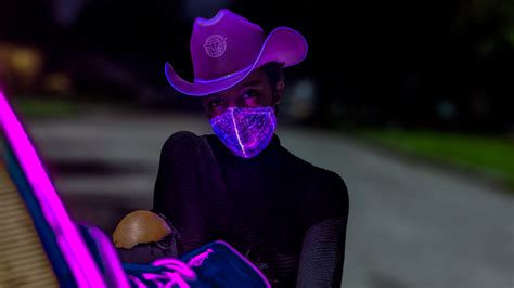 Neon cowboys. Knit Balaclava Mask Rhinestone Fringe Detail 6hr battery runtime 2 AA batteries (replaceable) 