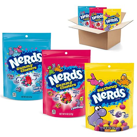 Nerds is an American candy launched in 1983 by the Sunmark Corporation under the brand name Willy Wonka Candy Company. Nerds are now made by the Ferrara Candy Company, a subsidiary of Ferrero Group. but is still distributed internationally by Nestlé. With their anthropomorphic covers, Nerds usually contain two flavors per box, each flavor having a separate compartment and opening.. 