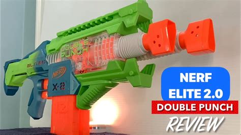 Nerf double punch. Double your dart blasting fun with the Nerf Elite 2.0 Double Punch motorized blaster that has double barrels and double clips! The Double Punch dart blaster features 2 rapid alternating barrels that move back and forth as you blast darts. The Nerf automatic blaster includes 2 clips, each with 10-dart capacity, so you can unleash 20 darts in a row. 