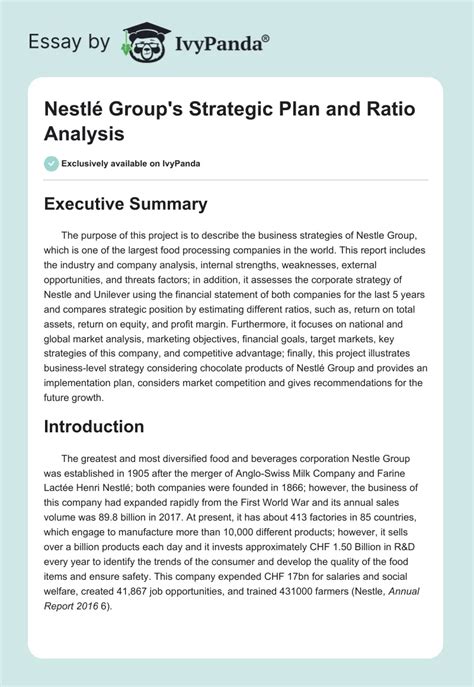 Nestlé Group’s Strategic Plan and Ratio Analysis Research Paper