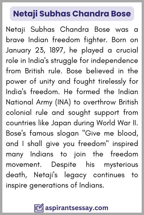 Netaji subhas chandra bose paragraph for class 5