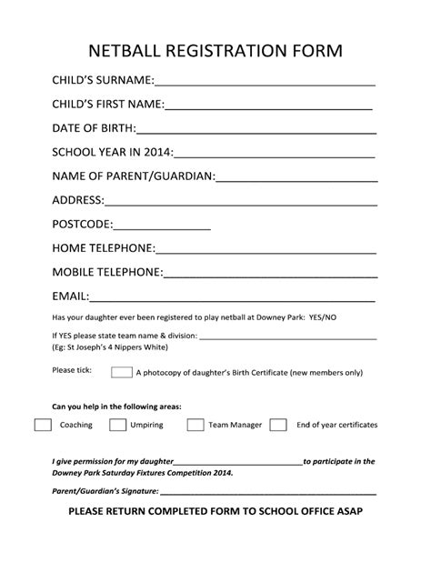 Netball Registration Form NDE Senior