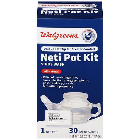 Walgreens Neti Pot Kit - 1.0 set Unique soft tip for greater comfort All natural Relief of nasal congestion, sinus infection, allergy symptoms, post-nasal drip, dry air & rhinitis of pregnancy The Walgreens Neti Pot Kit uses saline solution and the gentle flow of gravity to wash the nasal passages.. Neti pot walgreens