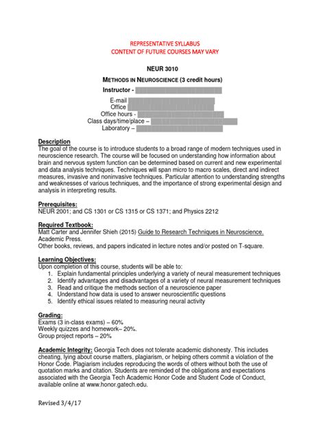 Neuroscience syllabus.  The course provides a melding of basic and clinical Neuroscien...