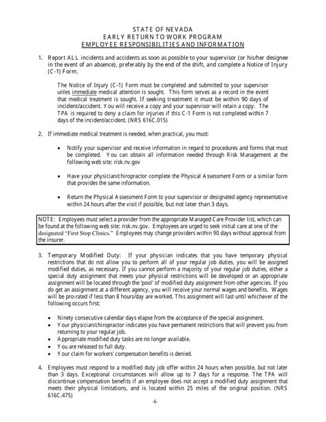 Nevada Early Return to Work Program Employee Responsibilities and