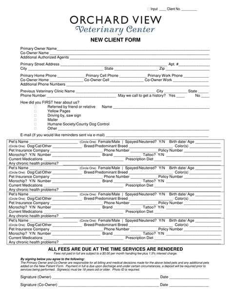 New Client Form Orchard View Veterinary Center Download Printable PDF