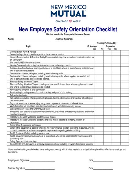 New Employee Safety orientation Checklist Template Example