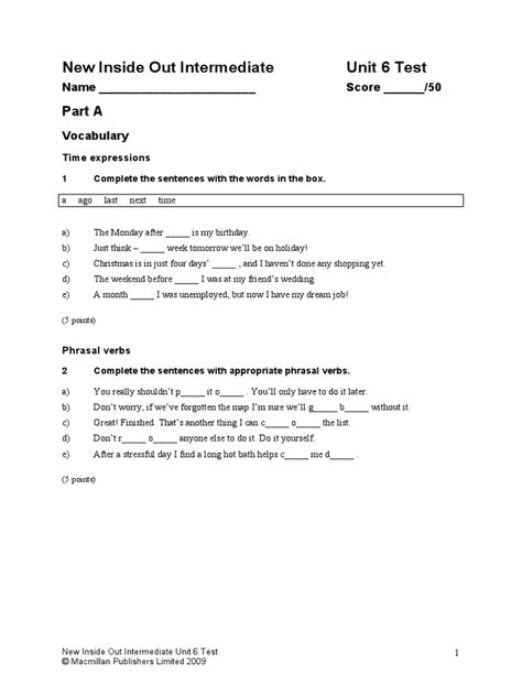 New Inside Out Intermediate Unit 6 Test