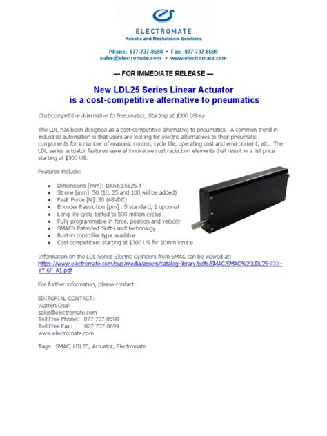New LDL25 Series Linear Actuator From SMAC Moving Coil Actuators