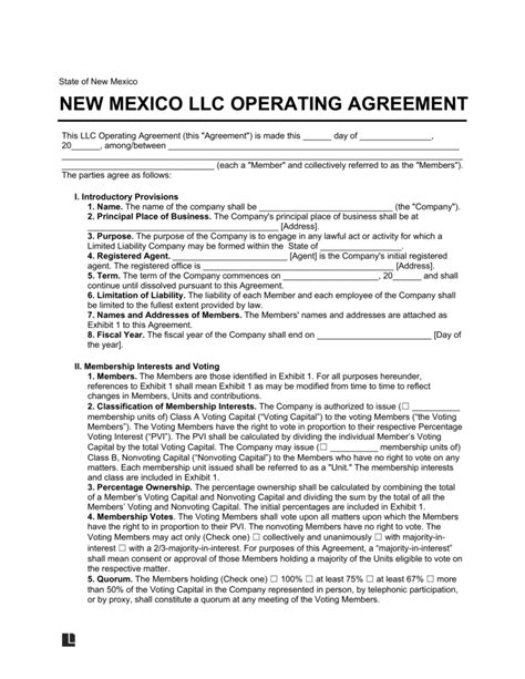 New Mexico Llc Operating Agreement Template