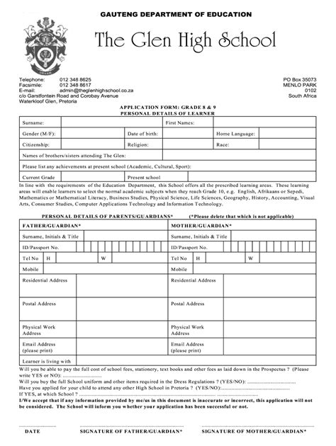 New Riffel Grade 9 High School Application Form