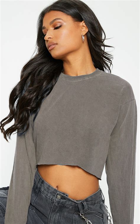 New Theory Long Sleeve Cropped Gray Crew Neck Tee Top Shirt L …