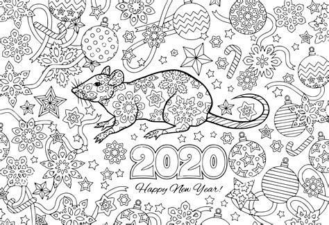 New Year 2020 Rat And Festive Objects Image For Calendar Coloring Pages Printable