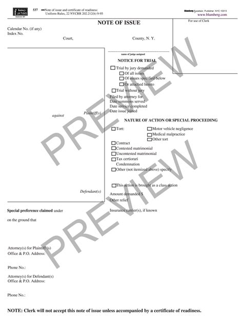 New York Note of Issue Note Of Issue Fillable Form US Legal Forms