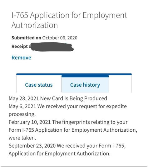 You will get an idea how the case status changes progressively. March 4, 2021 Recieved EAD/AP combo card. March 1, 2021 Case Was Approved. February 26, 2021 We ordered your new card. December 22, 2020 The fingerprints relating to your. Form I-765 Application for Employment Authorization, were taken. . 