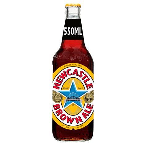 New castle brown ale. 1.2Standard drinks. 4.7%Alcohol volume. Product description. Newcastle Brown Ale features fewer hops for a less bitter taste, a blend of light and dark malts for a unique and smooth flavour. The golden brown color is the result of combining two seemingly incompatible malts English Pale and Dark Caramel. 