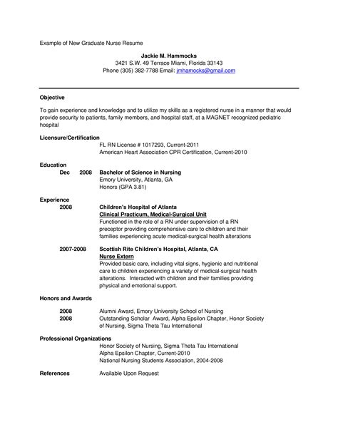 New graduate nurse resume. Example 1: ‘Motivated nursing college graduate seeking a position in a clinical setting. Looking to bring my passion for helping people, willingness to learn new skills and advanced education to a private practice.’ Example 2: ‘College nursing graduate searching for a nursing position working with special needs children at Fontaine ... 