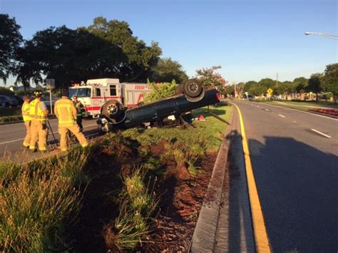 At approximately 6:45 AM, NSB Police responded to a report of a rollover traffic crash on SR 44 near the intersection of Canal St. Early morning glare from the sun appears to have played a factor in this accident as you can see from the photos taken upon arrival of the police at the scene.. 