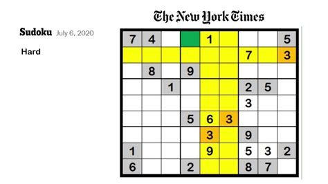 New york times sodoku. In order to complete an NYT sudoku puzzle, a 9x9 grid must be filled with numbers so that each column, row, and 3x3 square contains a number from 1 to 9. The 9x9 grid will have some squares filled in at the start of the game. Your task is to complete the grid by adding the missing digits logically. Remember that a move is improper if: 