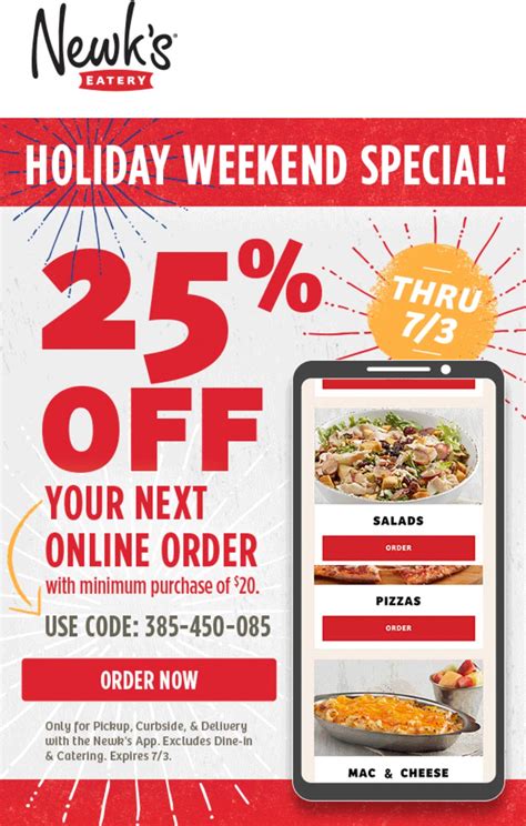 Get Deal verified coupon 25% Off Your Order When You Sign Up At Newks Get Deal verified coupon GET NEWK'S DELIVERED FOR ONLY $1.99! Order now Every Way To Save At Newk's. 