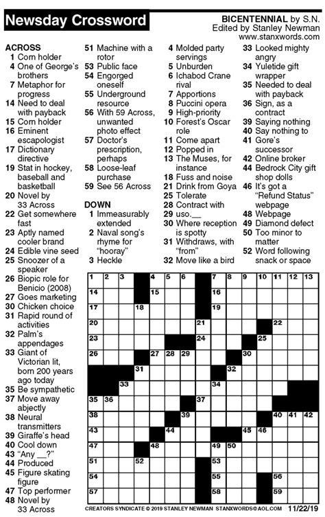 Today's Newsday Crossword; Newsday Crossword Solving Hints; Saturday Stumper Solving Hints; Stan's Toughest Puzzle; Puzzle Books; Crossword Dictionary; Crossword Answer Book; Trivia Encyclopedia "Cruciverbalism" Books Autographed by Stan; About the Crossword University Cruise; Crossword University FAQs; Upcoming Cruise; Cruise Gallery; About ...