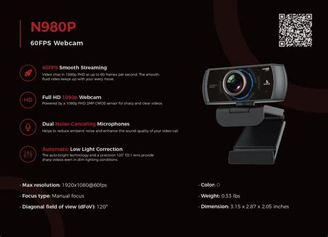 Nexigo webcam fisheye.  It includes information about device specificatio...