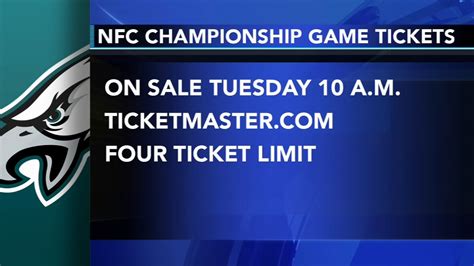 Nfc championship game tickets. Tickets for the NFC Championship game at the Linc between the Eagles and the Cowboys/49ers will go on sale Tuesday at 10 a.m. ET through Ticketmaster. 