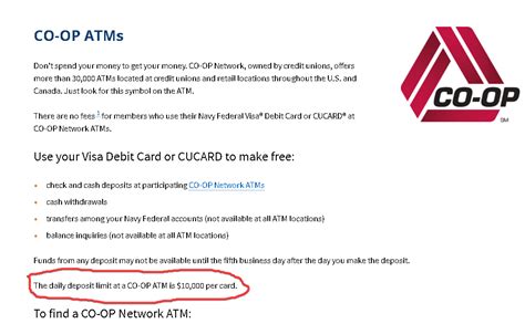 Nfcu atm limit. The CO-OP Network is a vast network of credit unions, offering access to more than 30,000 ATMs across the United States and Canada. At a CO-OP ATM, you can perform all the same banking actions available at a Navy Federal ATM. If you have a credit union in your area, it is likely part of the CO-OP Network. Use the CO-OP Network ATM finder below ... 