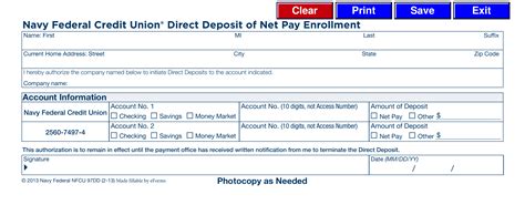 FREE Direct Deposit. Have your paycheck or other funds automatically and safely deposited into your account. Simply download an enrollment form at navyfederal.org and give it to your employer or payment issuer. FREE eDeposits* Deposit your checks electronically anytime with your personal scanner or mobile device— all without visiting a branch ...