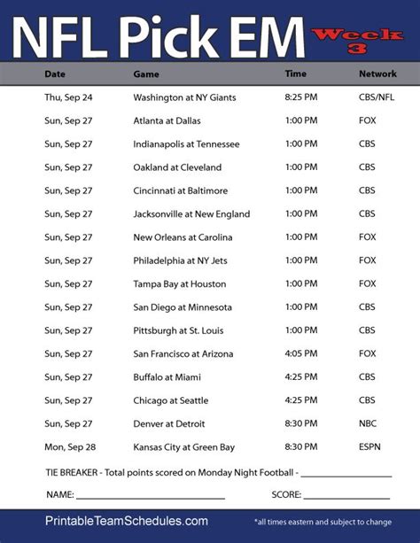 Nfl Schedule Weekly Printable Customize and Print