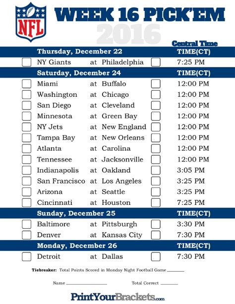 Nfl Week 16 Printable Schedule