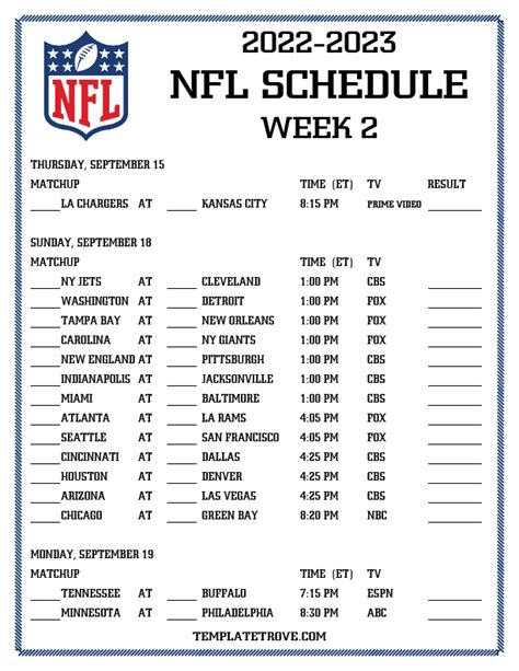 Nfl Week 2 Printable Schedule Customize and Print