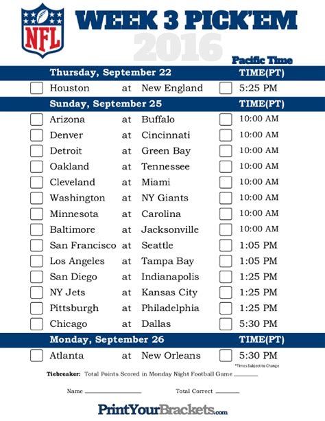 Nfl Week 3 Printable Schedule