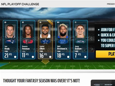 Nfl fantasy playoff challenge. Jan 4, 2024 · How to play the Super Bowl Challenge. Jan 04, 2024. Learn how to complete your Playoff bracket. video. 