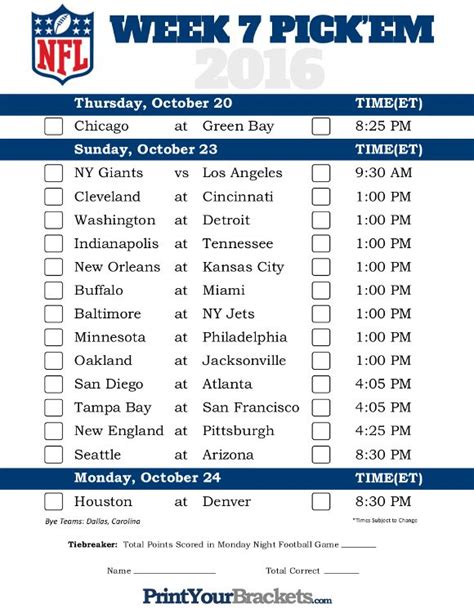 Football Pick 'em Pool Week 13 – Printable Sheet. Print this page for your free week 13 NFL pick em sheet. Make as many copies as you need and pass them out. It's that easy! Come back on the following Tuesday for the results.. 