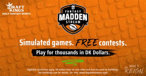 Nfl madden stream draftkings. Before that series of sims gets going, we have another full day of six Madden 21 sims lined up on the DraftKings Dream Stream to bring fantasy football throughout your Sunday. The featured three-game classic slate starts at 6:00 p.m. ET with a matchup between the Washington Football Team and the Indianapolis Colts. 