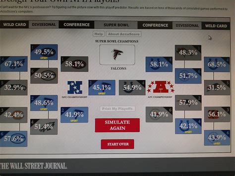 Nfl simulator playoff. The Upshot. The 2015 N.F.L. Playoff Picture: Simulate the End of the Season for Any Team. N.F.L. PLAYOFF SIMULATOR Team…. Arizona Cardinals Atlanta Falcons Baltimore Ravens Buffalo Bills ... 