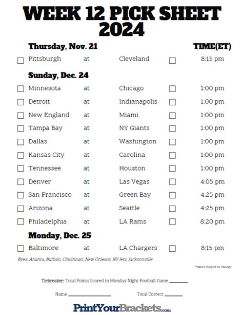 Nfl week 12 pick sheet. WEEK 10 PICK SHEET. Indianapolis Thursday, Nov. 9 TIME(ET) Carolina. at . Chicago 8:15 pm Sunday, Nov. 12 at. New England ... 