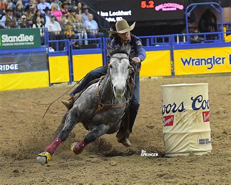 Lisa Lockhart, of Oelrichs, S.D., competes in barrel racing during the fifth go-round of the National Finals Rodeo at the Thomas & Mack Center on Monday, Dec. 5, 2022, in Las Vegas.. 