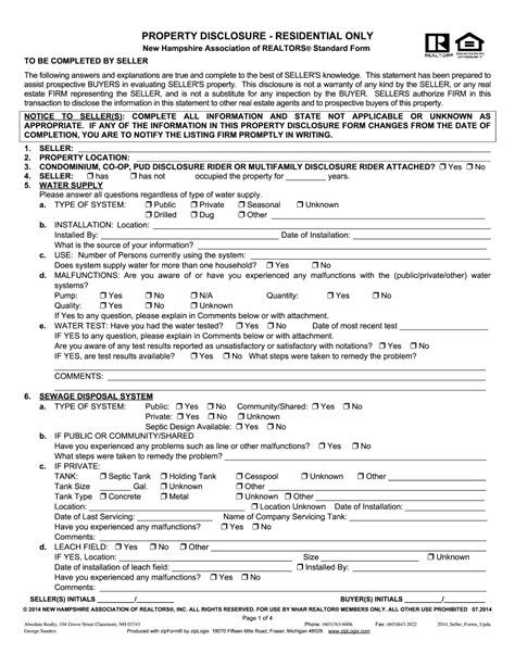 Nh Property Disclosure Form Printable Blank PDF Online