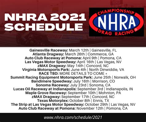 Nov 10, 2023 · EVENT SCHEDULE (Pacific Time) FRIDAY, Nov. 10. Lucas Oil Series Drag Racing Series eliminations at 8:30 a.m. ... Watch all day on NHRA.tv. Information . About the NHRA; NHRA 101; Locate an NHRA Track; . 