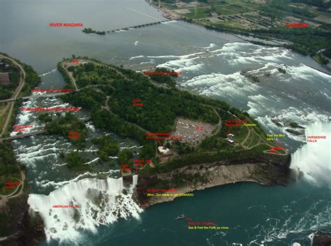 Niagara waterfall map. Map showing location of VIA Rail & Amtrak stations, Niagara Falls Bus Terminal, and the Falls themselves. 