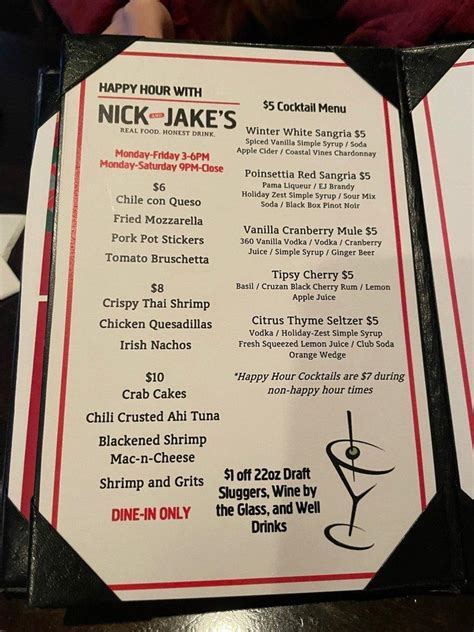 Nick and jakes overland park menu. Open. Monday - Sunday 11am. Kitchen Closes. Monday - Thursday 10PM. Friday & Saturday 11PM. Sunday 9PM. Bar Closes. Monday - Thursday 11PM. Friday & Saturday 12AM. 