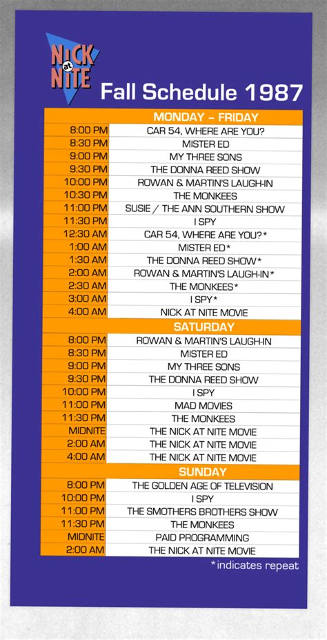 Nickatnite schedule. Sep 25, 1993 · Nickelodeon Schedule for Saturday, September 25, 1993. ... -Very, Very Nick at Nite: When We First Met (9PM to 11PM) 09:00PM 09:30PM 10:00PM 10:30PM 