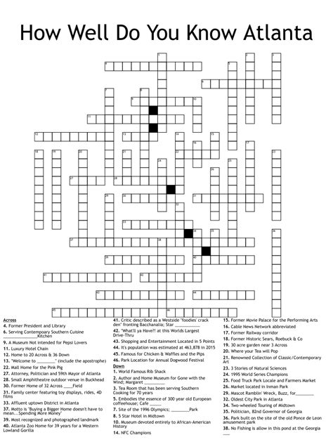 Nickname for atlanta crossword. Increase your vocabulary and general knowledge. Become a master crossword solver while having tons of fun, and all for free! The answers are divided into several pages to keep it clear. This page contains answers to puzzle Legendary pitcher nicknamed "Mad Dog," who played for the Atlanta Braves and the Chicago Cubs: 2 wds. 