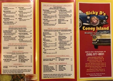 Nicky d's. Nicky D's Coney Island is an American (Traditional) restaurant located at 6211 W Warren Ave, Detroit, Michigan, 48210. Here are some tips to enhance your dining experience at Nicky D's: 1. Must-Try: Start your meal with their famous Coney Island hot dogs - a classic favorite! These delicious dogs are topped with chili, onions, and mustard ... 